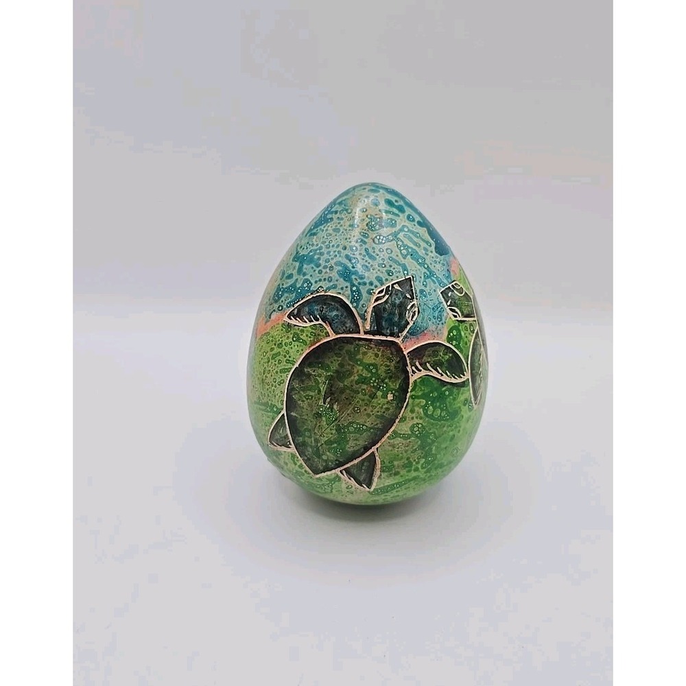 Hand Carved & Painted In Kenya Stone 3" Egg Turtles Design  Paperweight